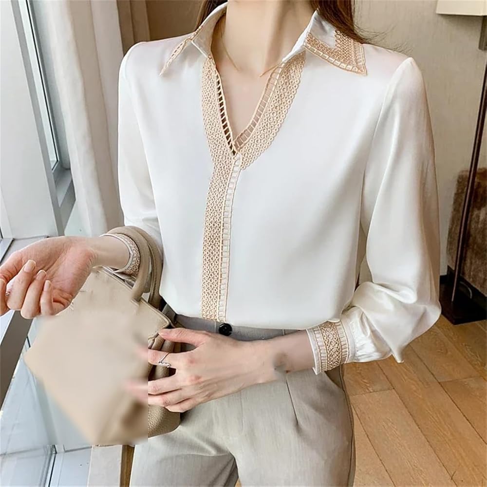 Long Sleeve White Blouse Tops Women Turn Down Collar Chiffon
